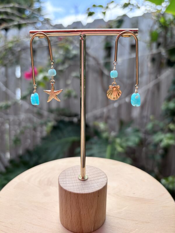 Boho Style Asymmetric U Shape Earrings - Starfish Seashell Earrings - Amazonite - Image 4