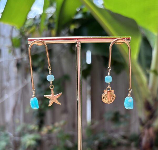Boho Style Asymmetric U Shape Earrings - Starfish Seashell Earrings - Amazonite - Image 6