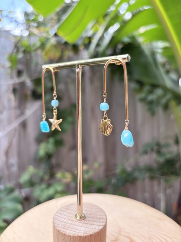 Boho Style Asymmetric U Shape Earrings - Starfish Seashell Earrings - Amazonite - Image 3