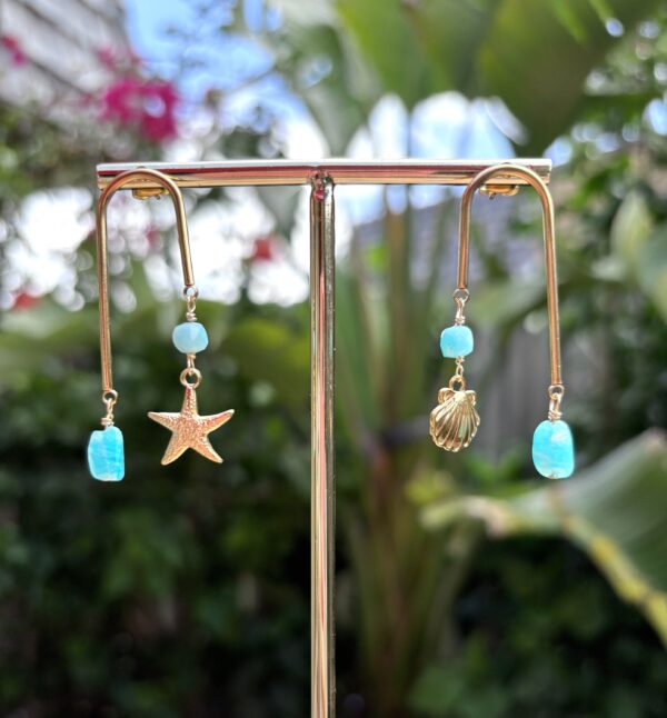 Boho Style Asymmetric U Shape Earrings - Starfish Seashell Earrings - Amazonite