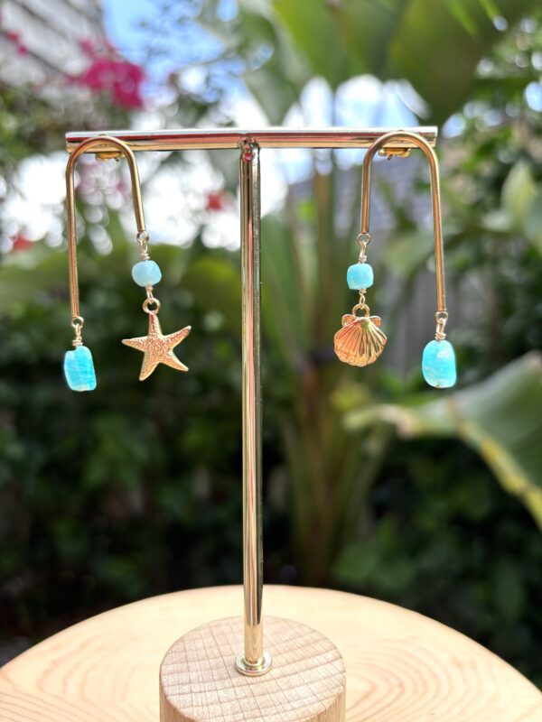 Boho Style Asymmetric U Shape Earrings - Starfish Seashell Earrings - Amazonite - Image 7