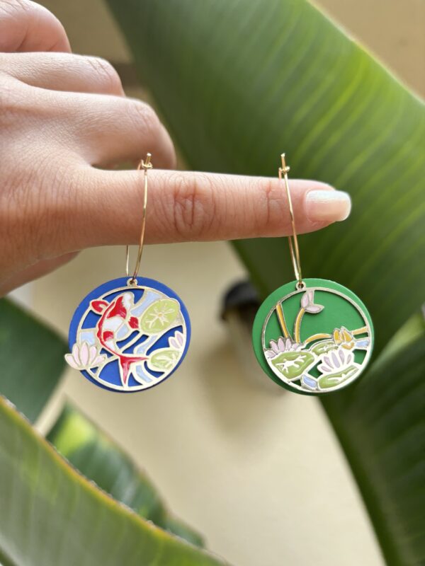 Oriental Jewelry Collection - Asymmetric Lotus and Koi Fish/Stainless Steel