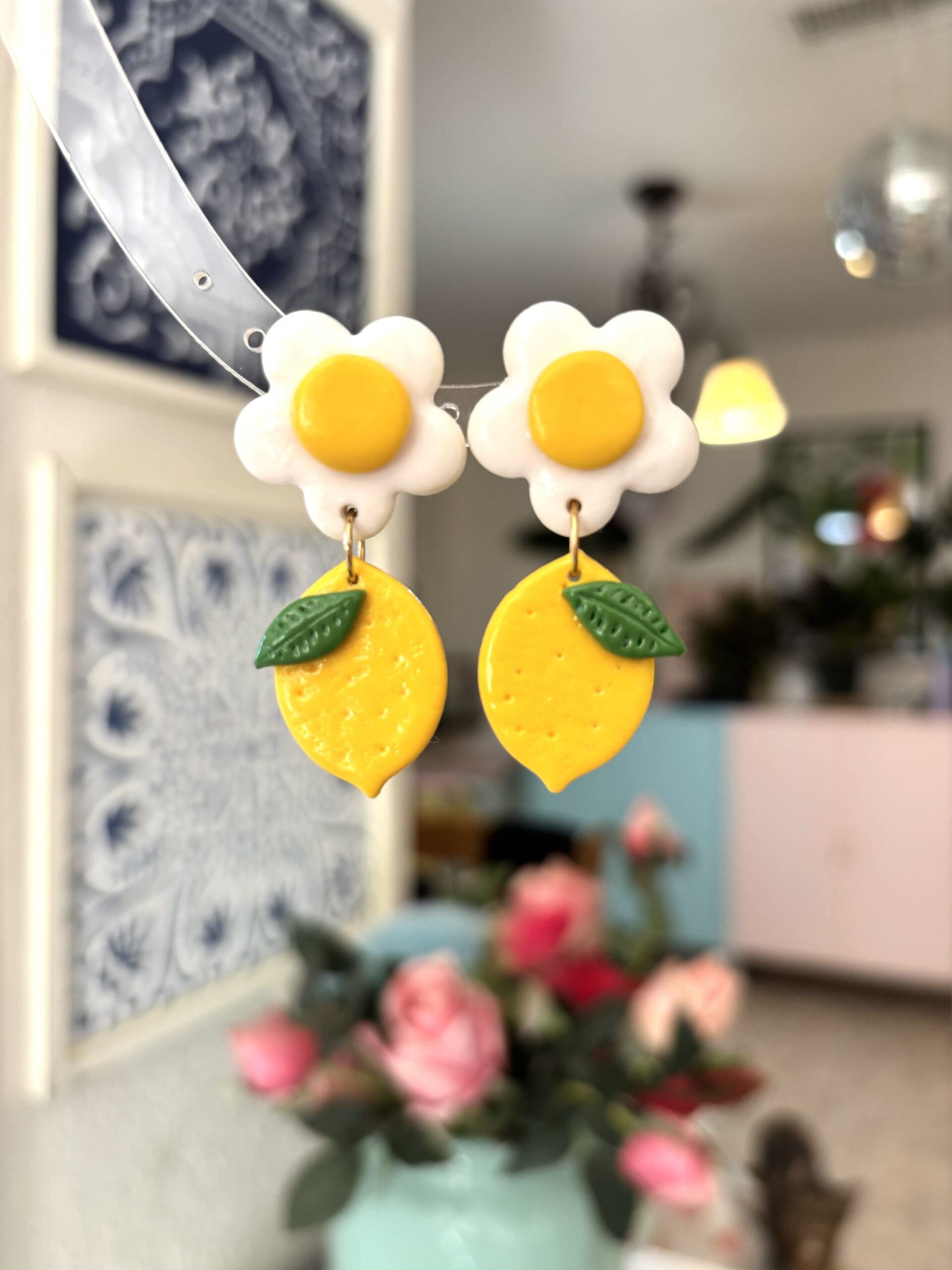 Handmade Polymer Clay Earrings - Lemon and White Flower - Image 4