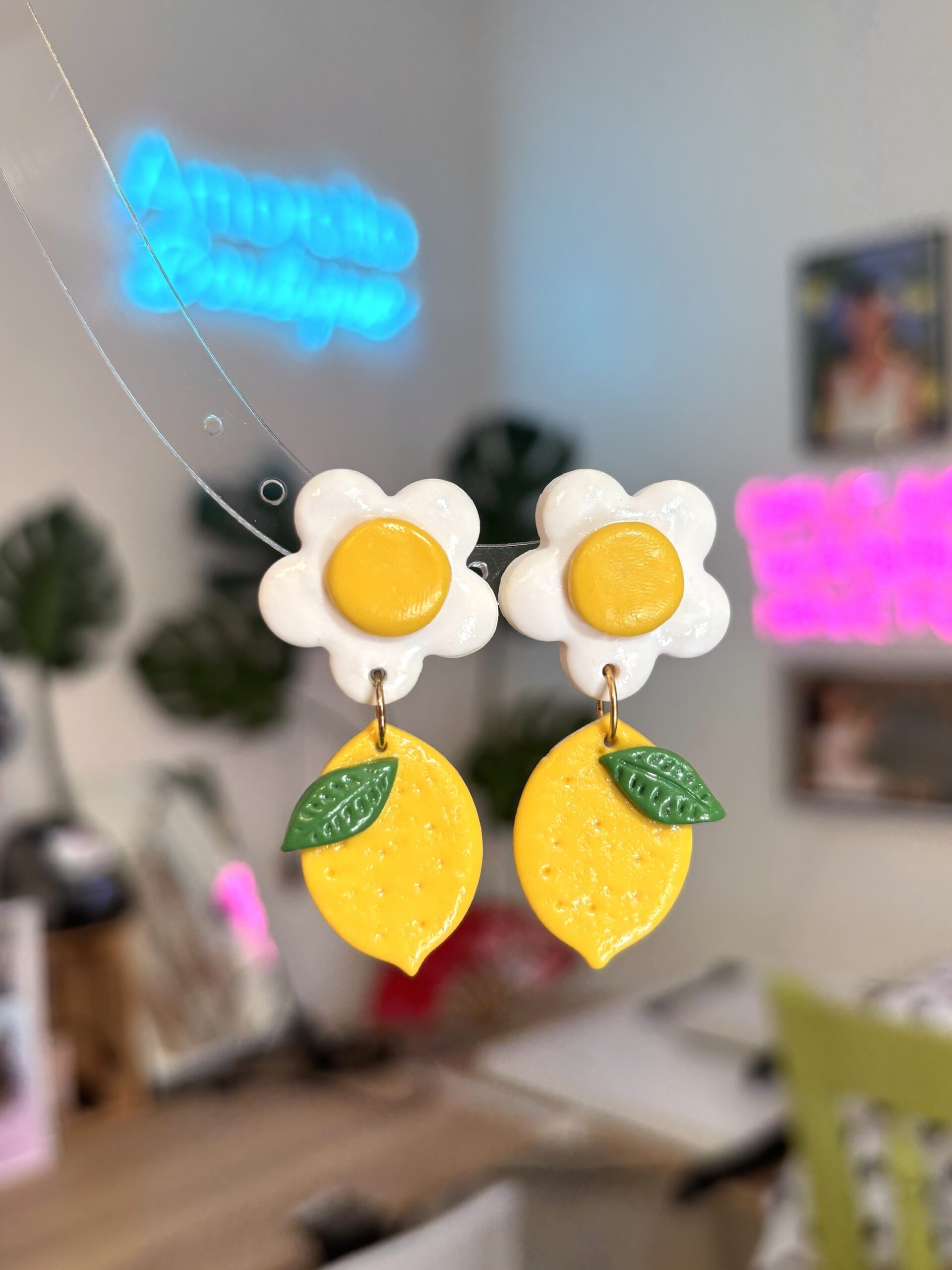 Handmade Polymer Clay Earrings - Lemon and White Flower - Image 6