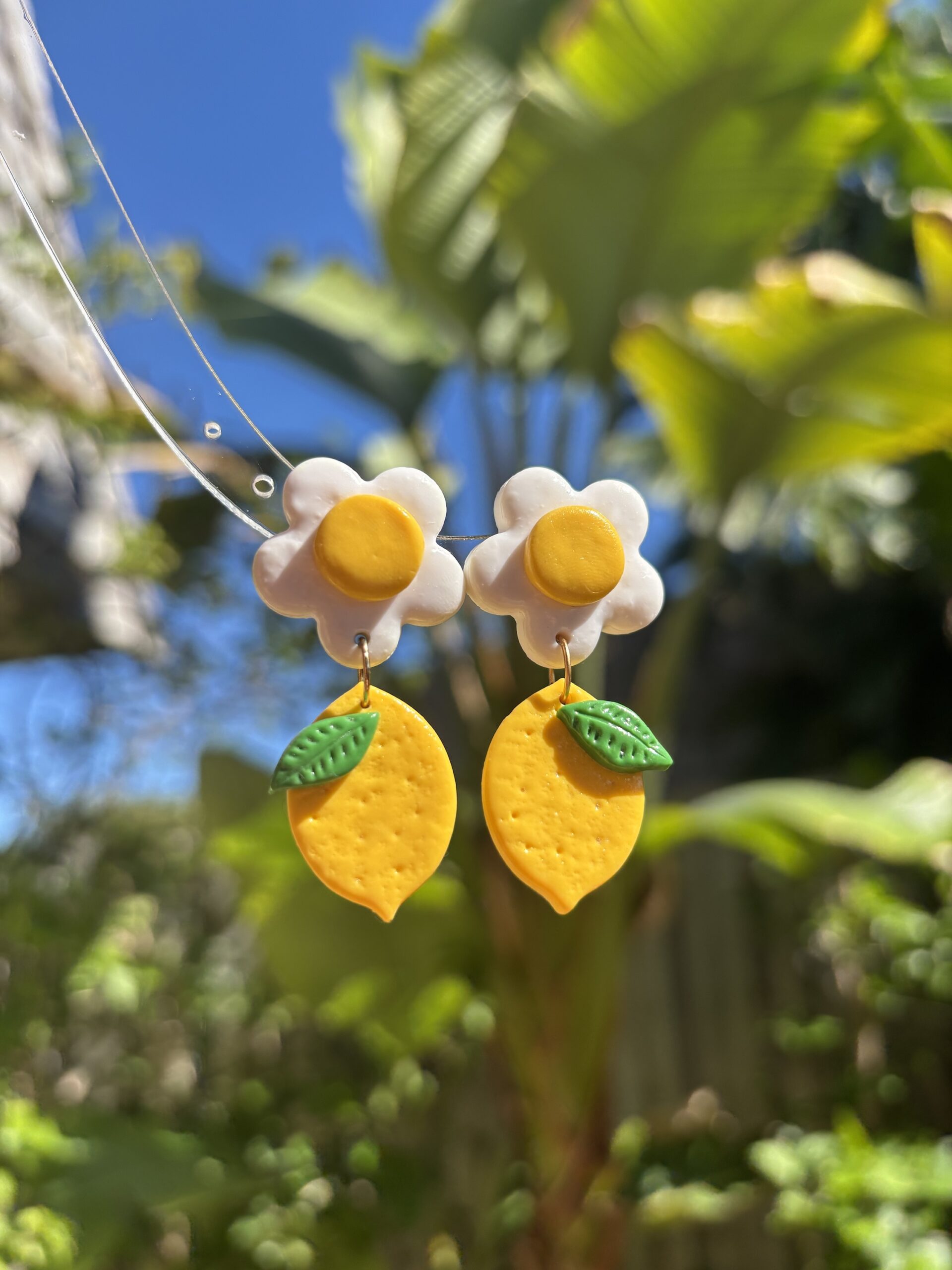 Handmade Polymer Clay Earrings - Lemon and White Flower - Image 7