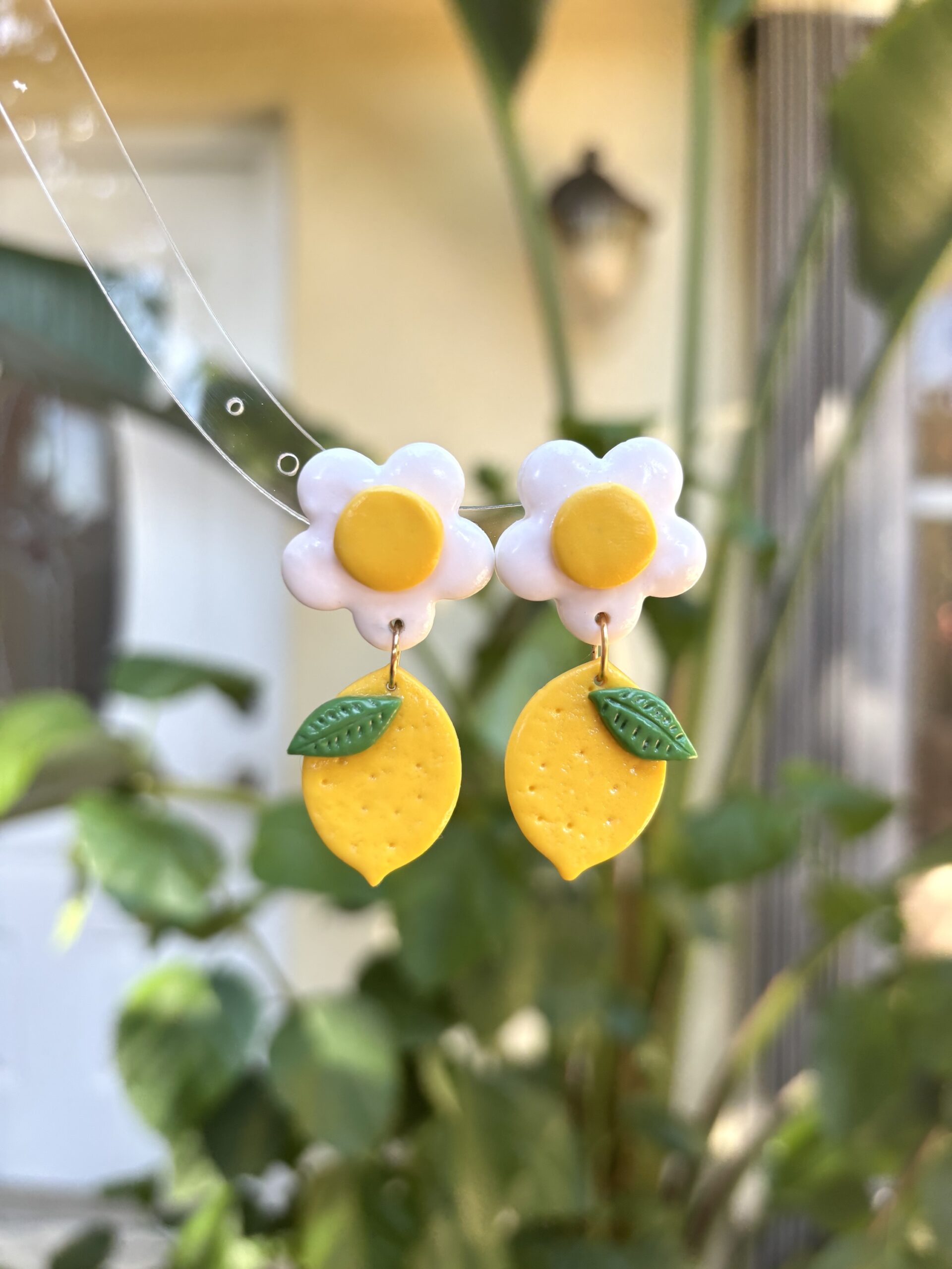 Handmade Polymer Clay Earrings - Lemon and White Flower - Image 9