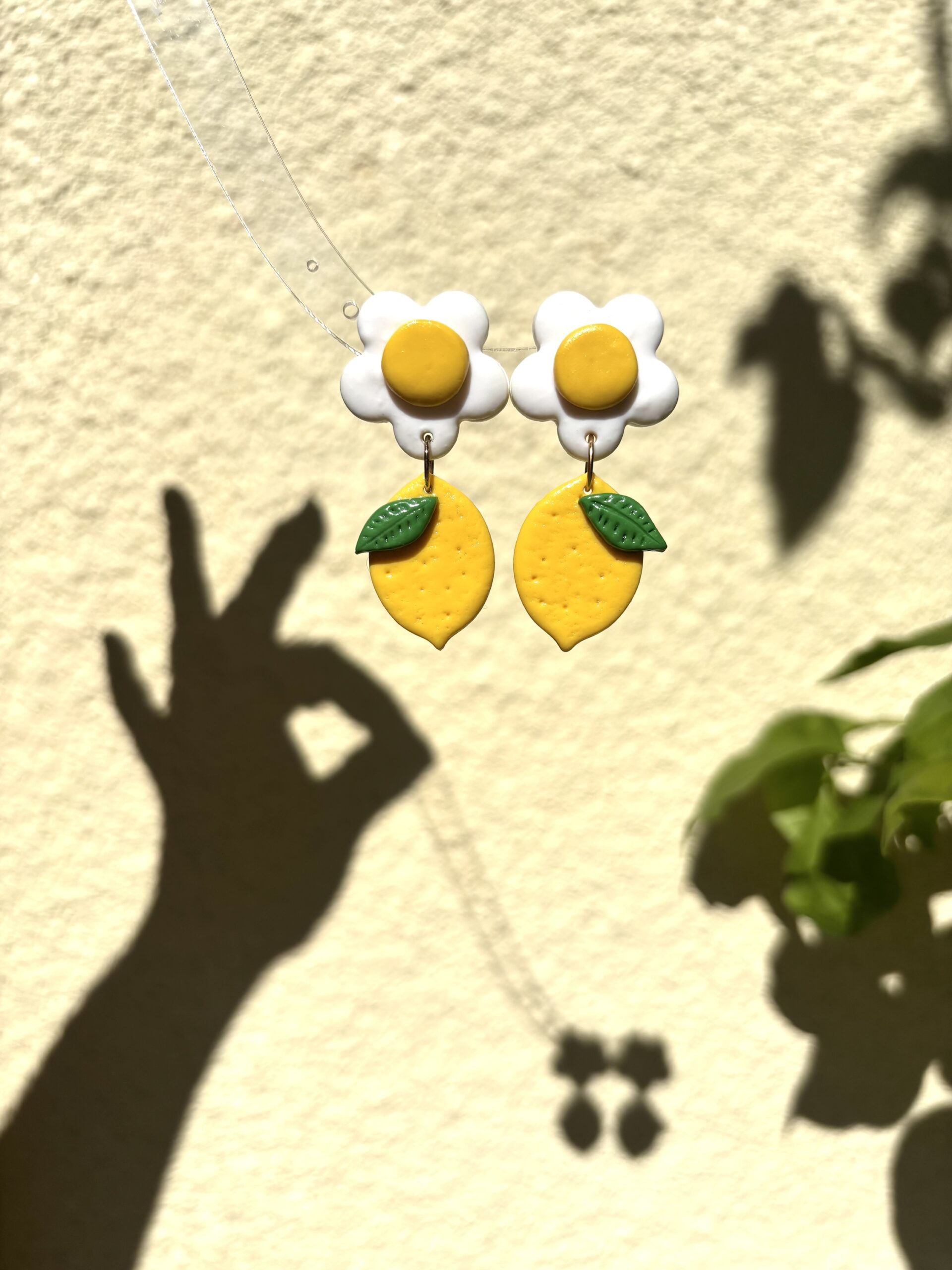 Handmade Polymer Clay Earrings - Lemon and White Flower - Image 3