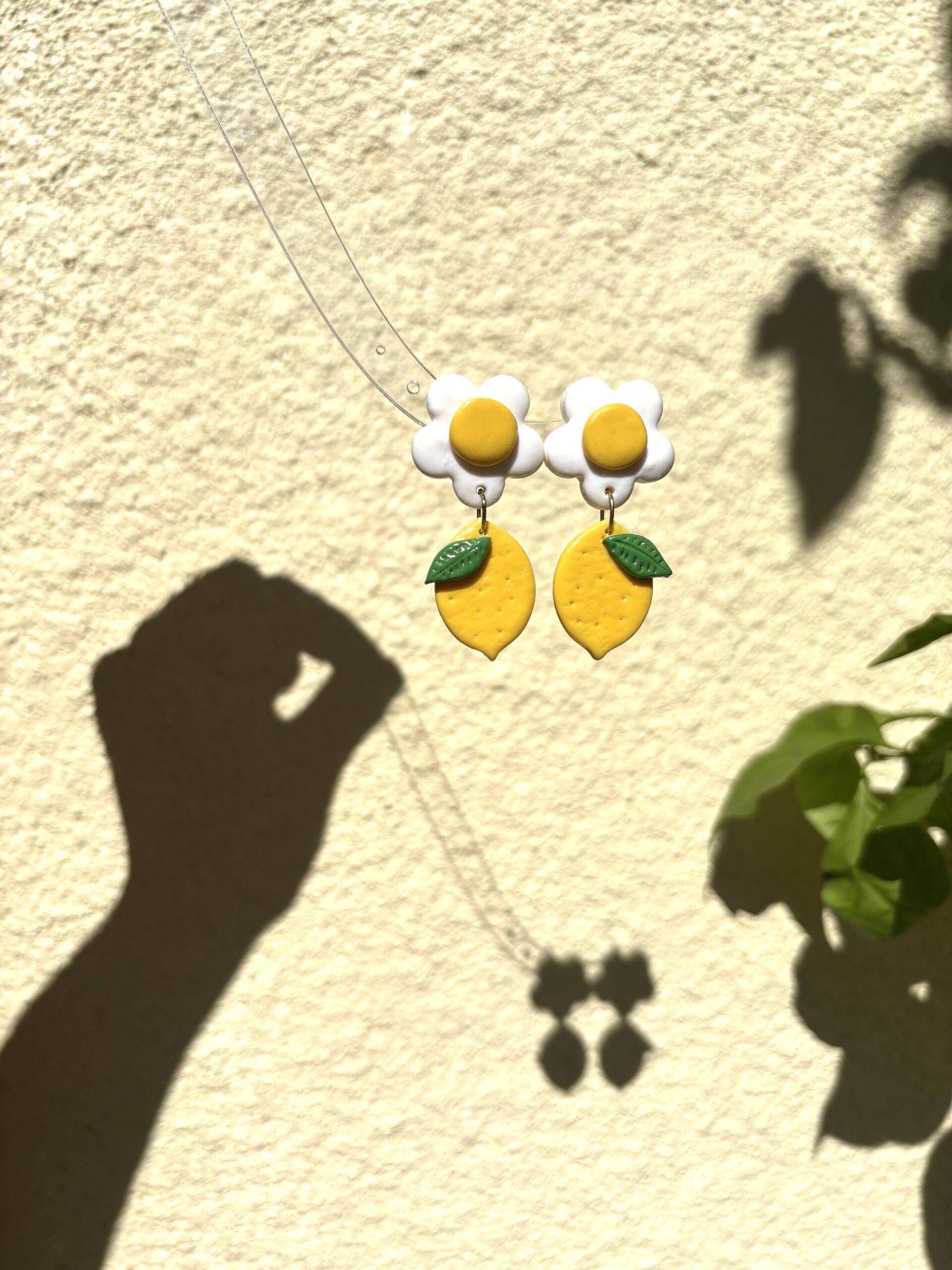 Handmade Polymer Clay Earrings - Lemon and White Flower - Image 2