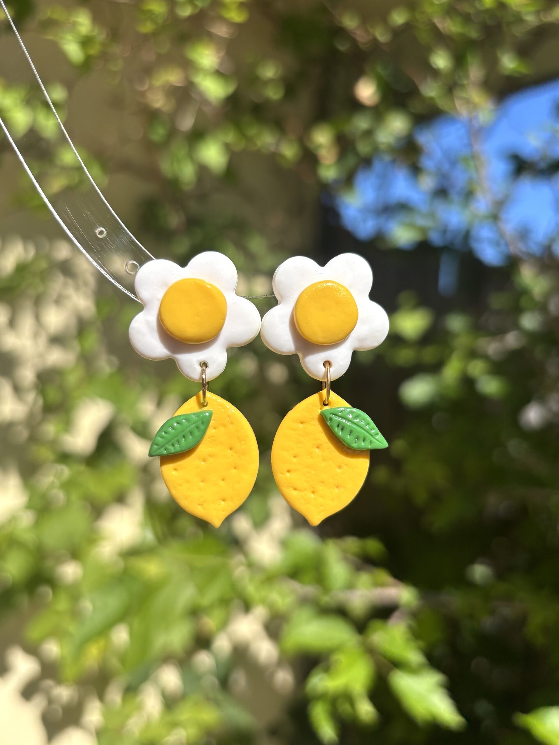 Handmade Polymer Clay Earrings - Lemon and White Flower - Image 5
