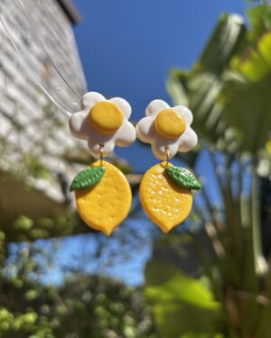 Handmade Polymer Clay Earrings - Lemon and White Flower