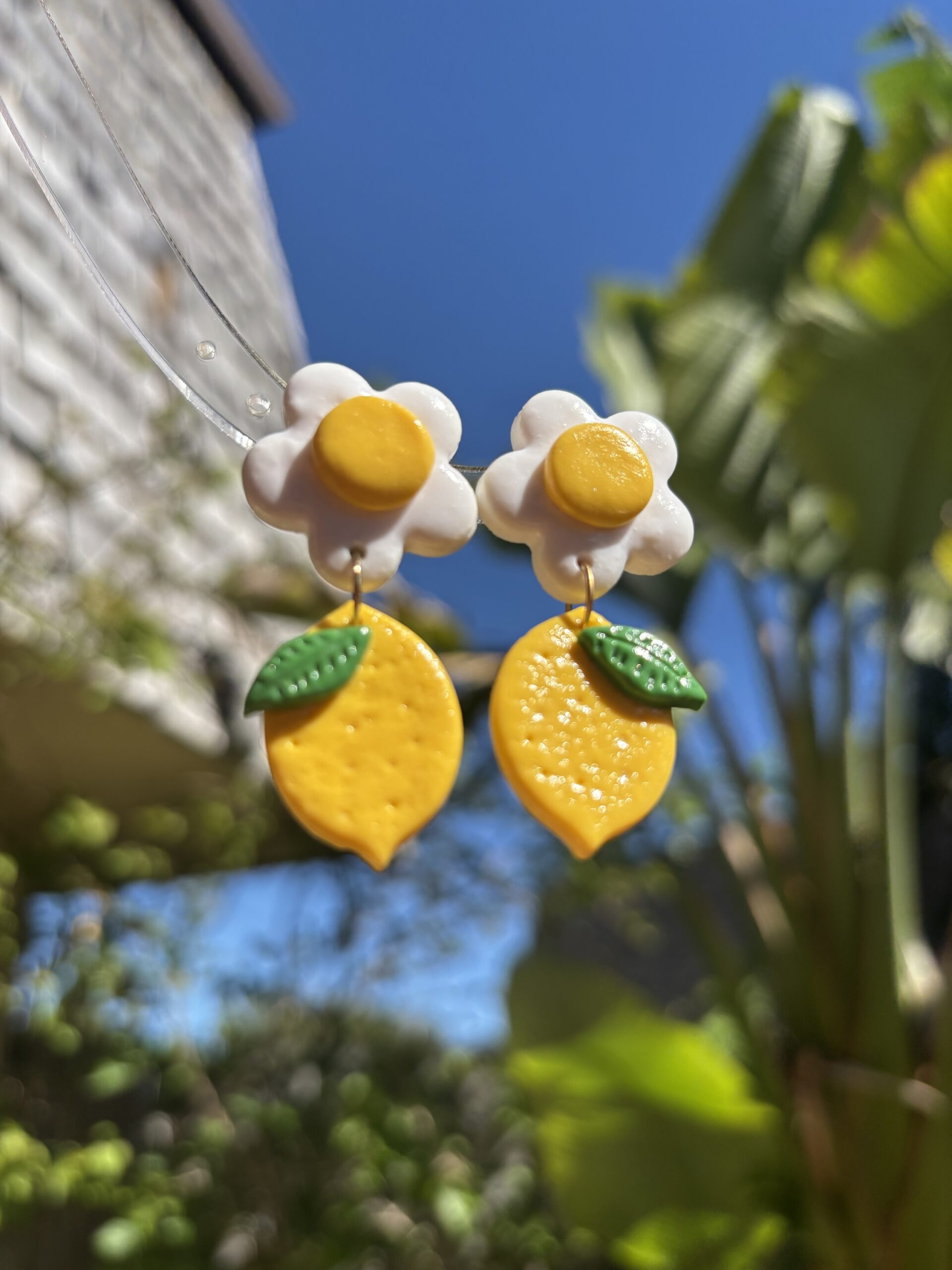 Handmade Polymer Clay Earrings - Lemon and White Flower