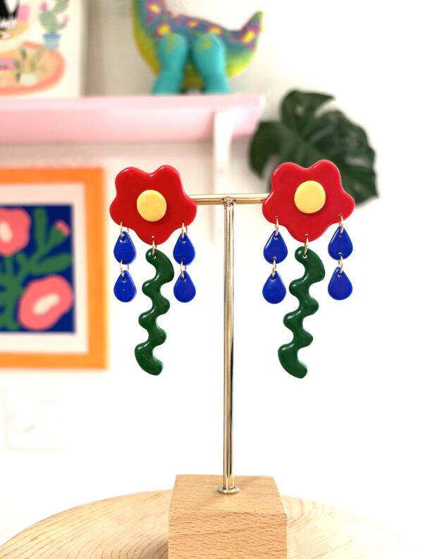 Handmade Polymer Clay Earrings - Color-block Geometric Flower Drop Earrings - Image 3