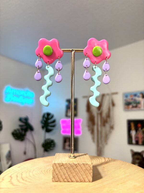 Handmade Polymer Clay Earrings - Color-block Geometric Flower Drop Earrings - Image 6