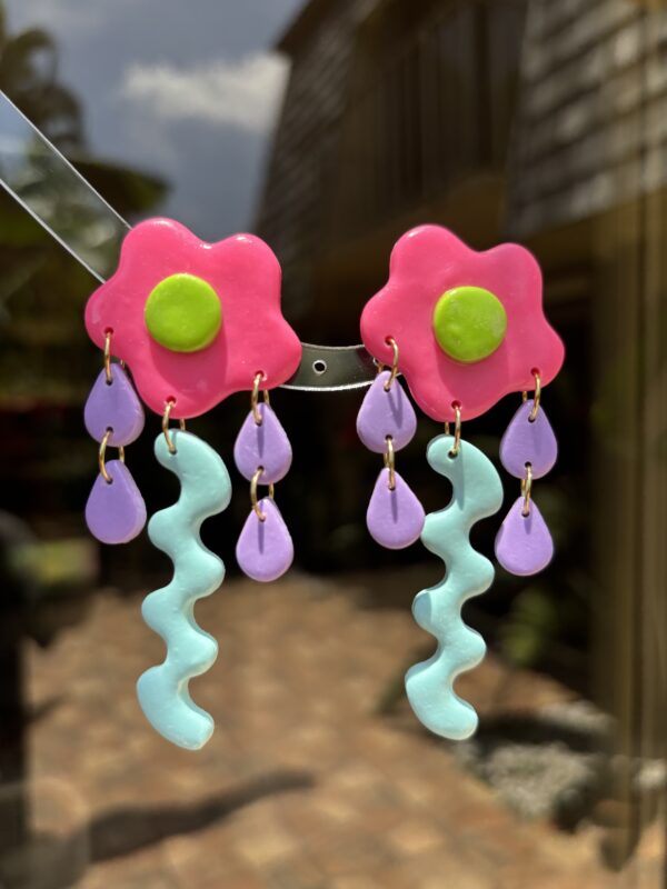 Handmade Polymer Clay Earrings - Color-block Geometric Flower Drop Earrings - Image 5