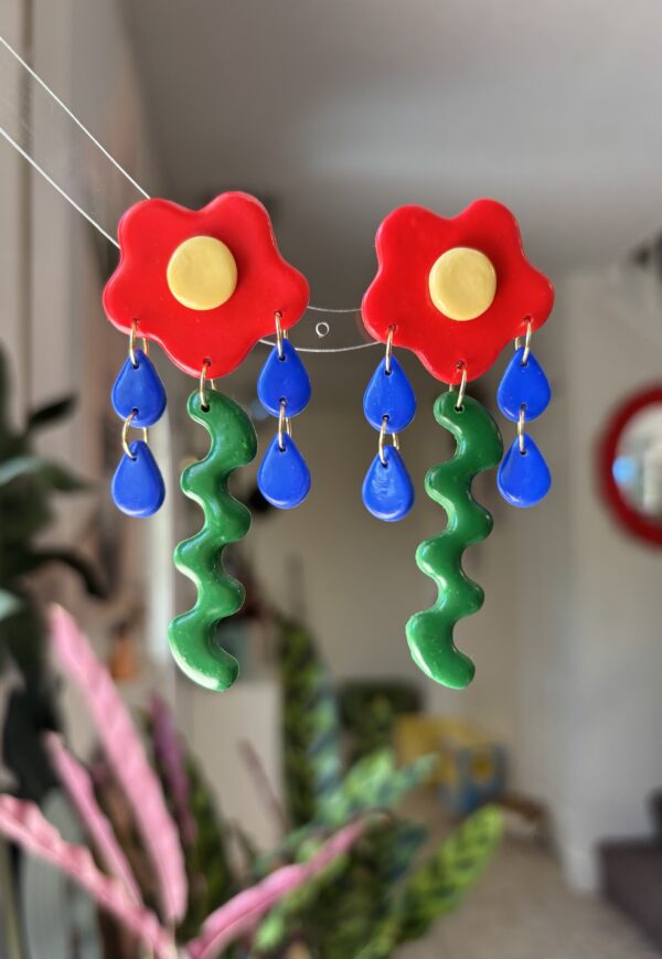 Handmade Polymer Clay Earrings - Color-block Geometric Flower Drop Earrings - Image 8