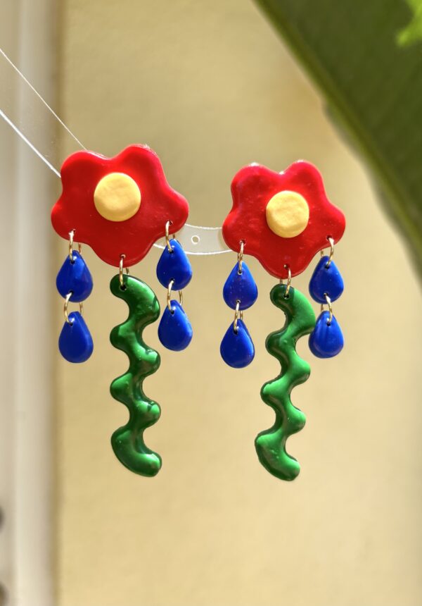 Handmade Polymer Clay Earrings - Color-block Geometric Flower Drop Earrings - Image 10