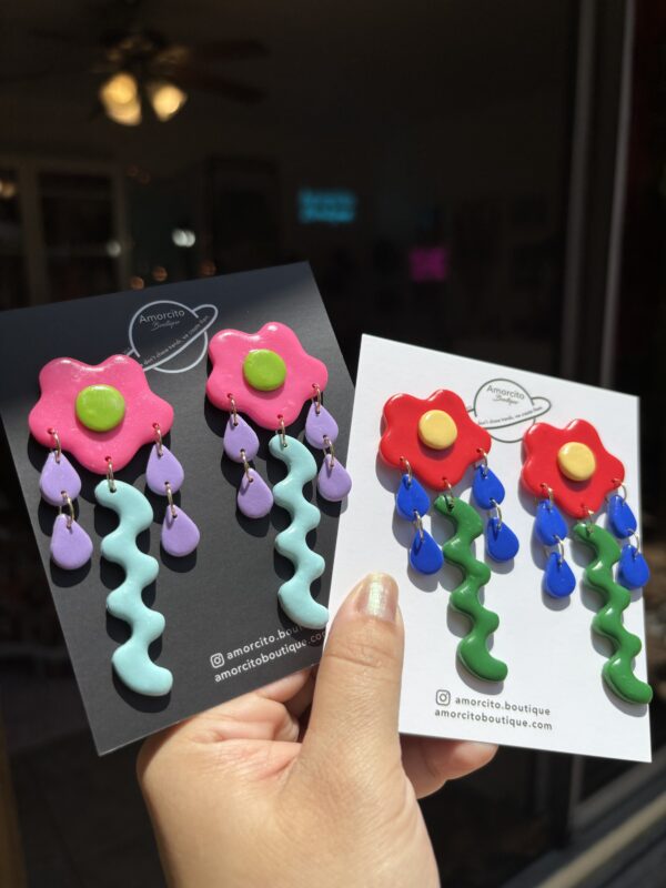 Handmade Polymer Clay Earrings - Color-block Geometric Flower Drop Earrings