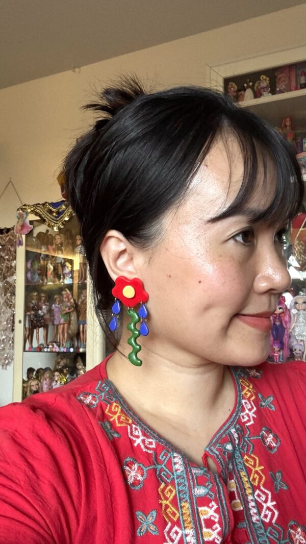 Handmade Polymer Clay Earrings - Color-block Geometric Flower Drop Earrings - Image 2