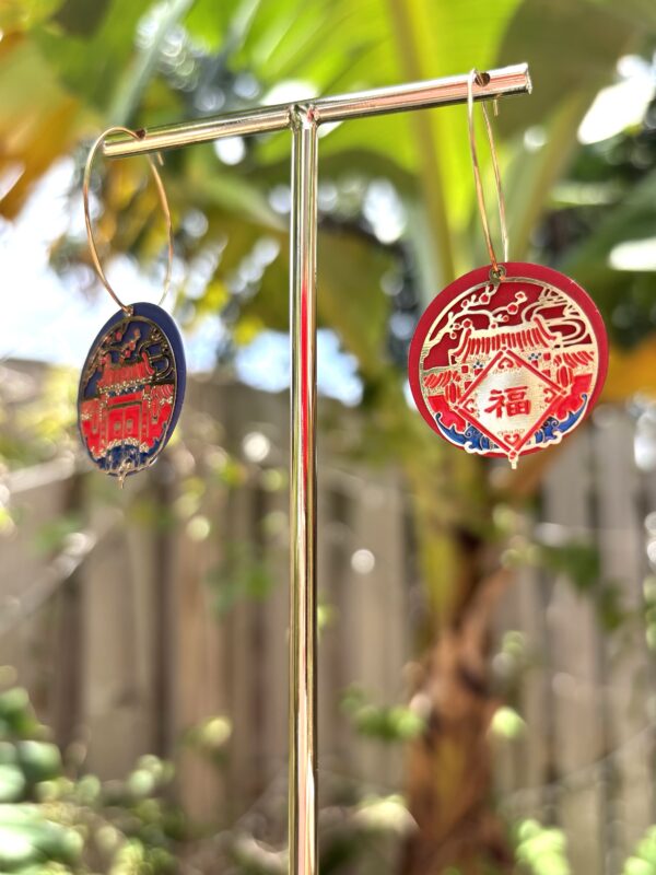 Oriental Jewelry Collection - Asymmetric Oriental House and Chinese Character FU/Stainless Steel - Image 2