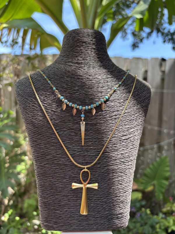 Boho/Egyptian Style Necklace - Turquoise/Triangle/Leaves - Image 2