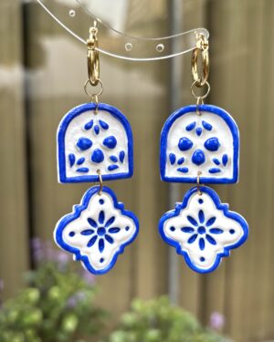 Handmade Polymer Clay Earrings - Mosaic Tile Pattern/Blue and White Porcelain Dangling Earrings