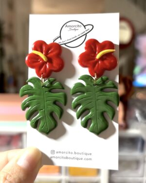 Handmade Polymer Clay Earrings - Hibiscus and Monstera