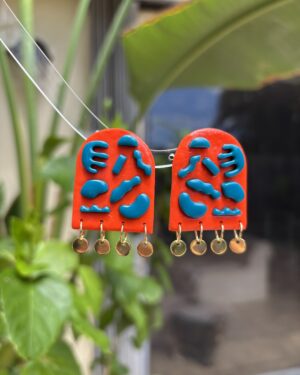 Handmade Polymer Clay Earrings - 3D Geo Metric and Color-block/Orange Turquoise