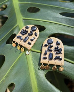 Handmade Polymer Clay Earrings - 3D Geo Metric and Color-block/Camel Black